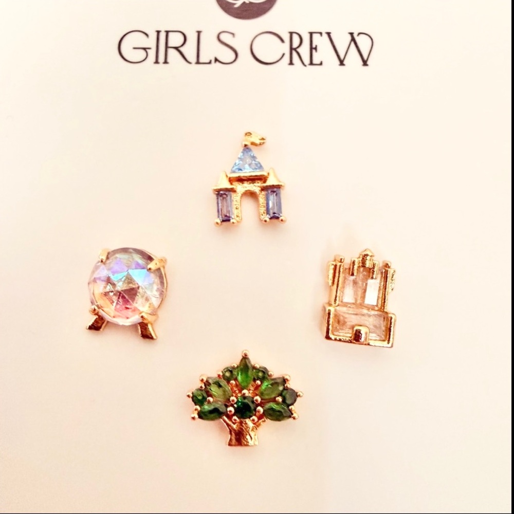 Disney Parks Girls Crew 4 Park Icon Stud Earrings Gold Tone New! - Picture 2 of 3
